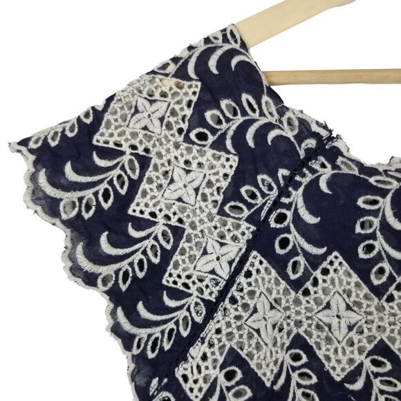 Vanessa Virginia 4 Blue White Eyelet Blouse Wideneck Cap Sleeves Boho Cottage - Picture 9 of 10